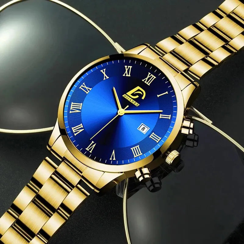 Relógio de Pulso Quartz Masculino em Aço Inoxidável Dourado - Luxo e Minimalismo para Homens de Negócios!