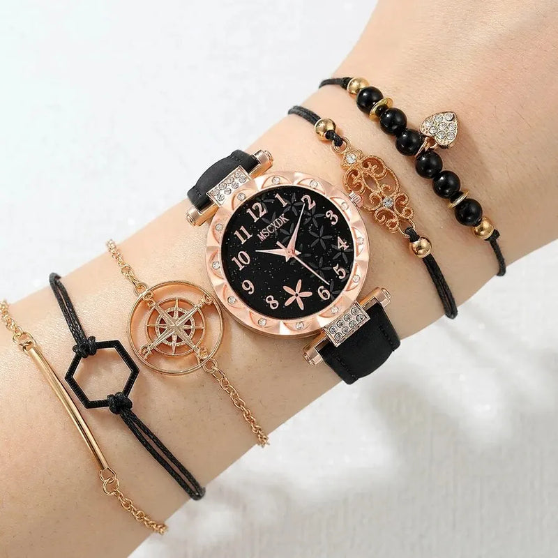 Conjunto de Pulseira com Relógio de Quartzo e Bracelete Floral Negro