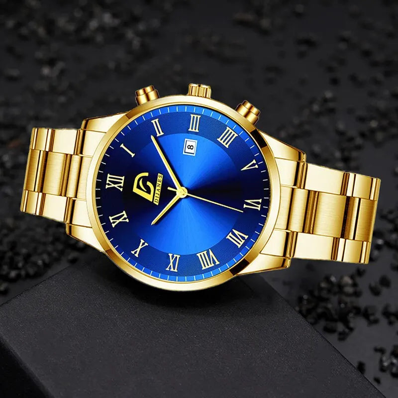 Relógio de Pulso Quartz Masculino em Aço Inoxidável Dourado - Luxo e Minimalismo para Homens de Negócios!