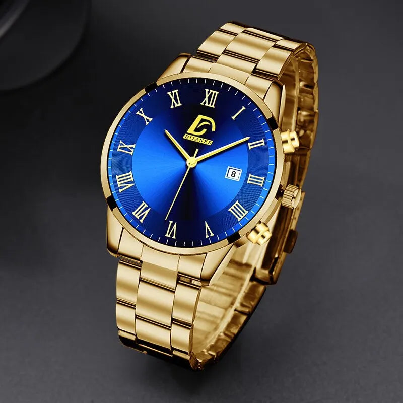 Relógio de Pulso Quartz Masculino em Aço Inoxidável Dourado - Luxo e Minimalismo para Homens de Negócios!