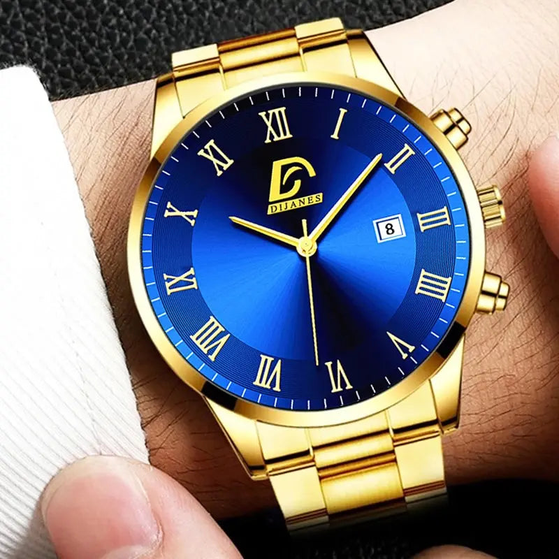 Relógio de Pulso Quartz Masculino em Aço Inoxidável Dourado - Luxo e Minimalismo para Homens de Negócios!