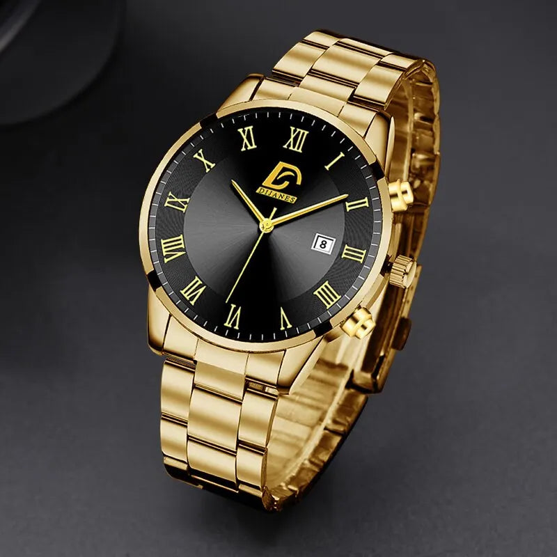 Relógio de Pulso Quartz Masculino em Aço Inoxidável Dourado - Luxo e Minimalismo para Homens de Negócios!