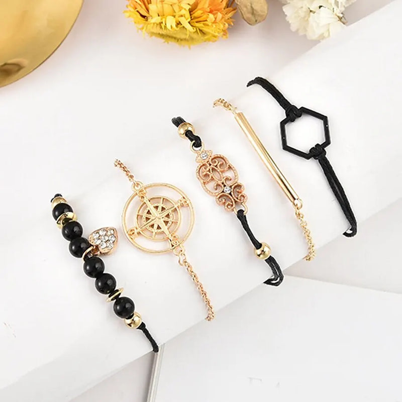 Conjunto de Pulseira com Relógio de Quartzo e Bracelete Floral Negro